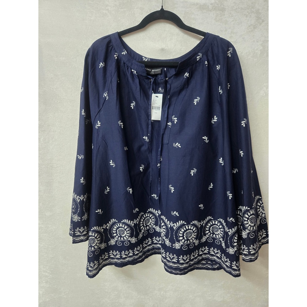Lane Bryant Navy Blue White Floral Border Print Peasant Blouse 18/20 NWT